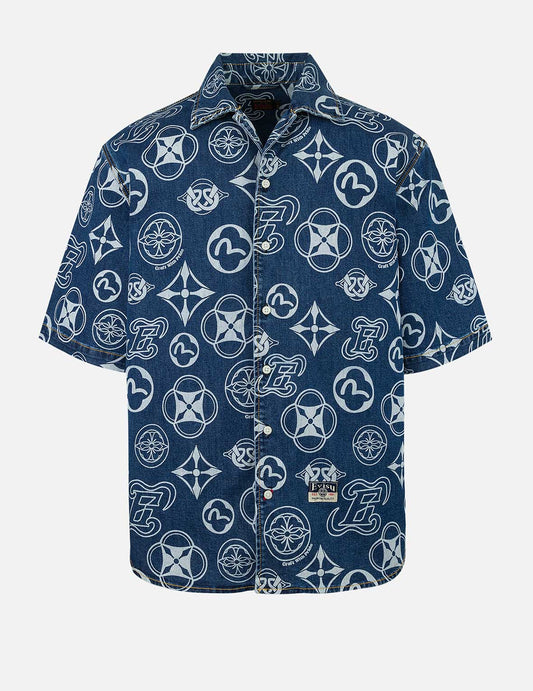 Allover Kamon Print Relax Fit Denim Short Sleeves Shirt