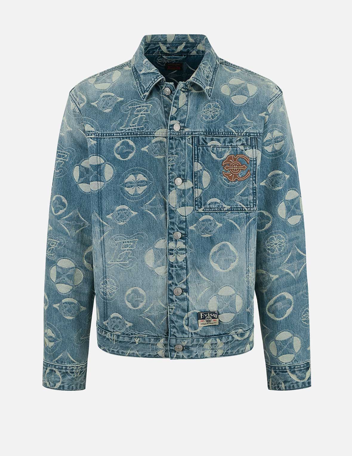 Allover Kamon Jacquard Loose Fit Denim Jacket