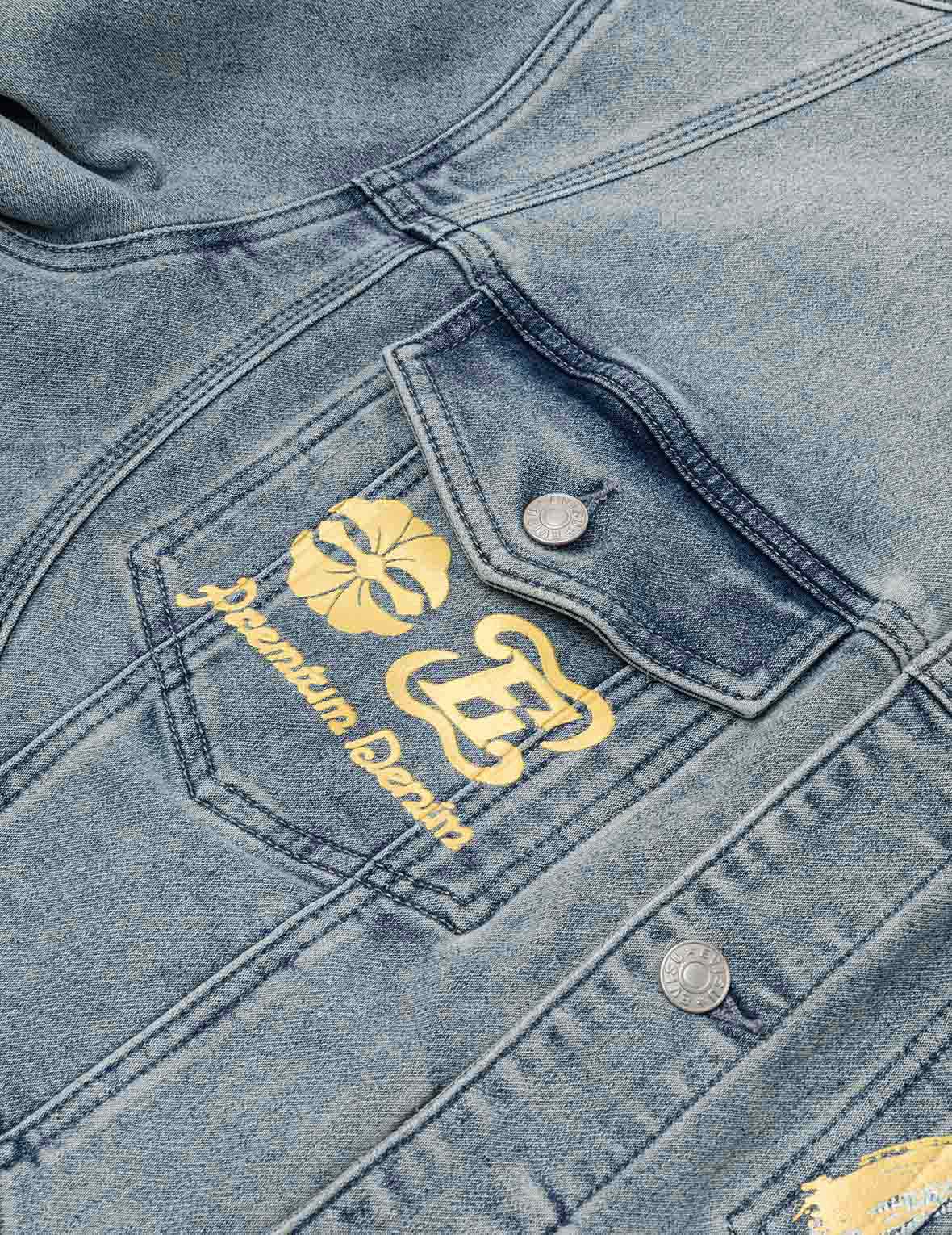 Artistic Brush Daicock Print Relax Fit Denim Jacket