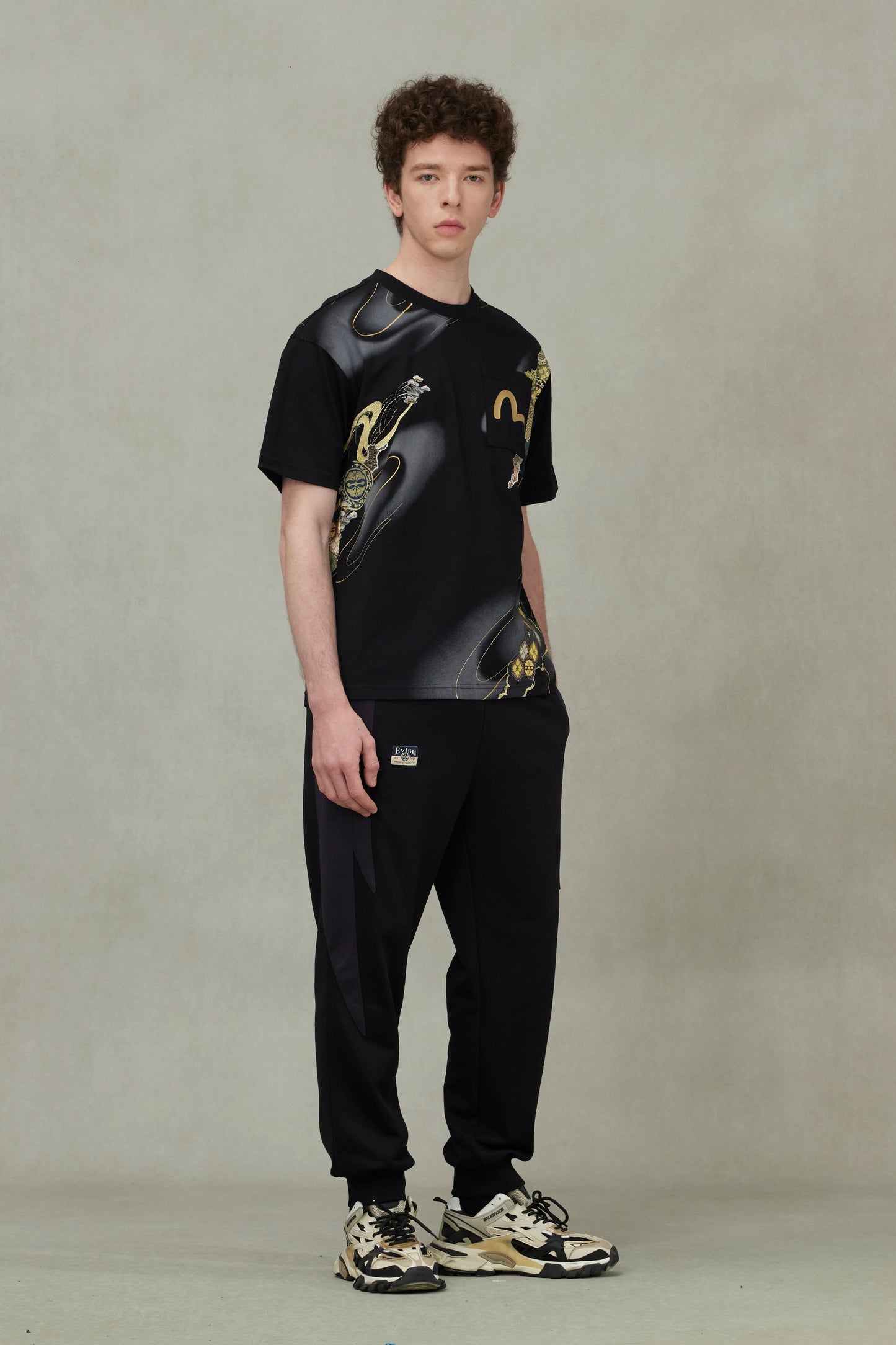 Brocade Kamon and Allover Print Relax Fit T-Shirt