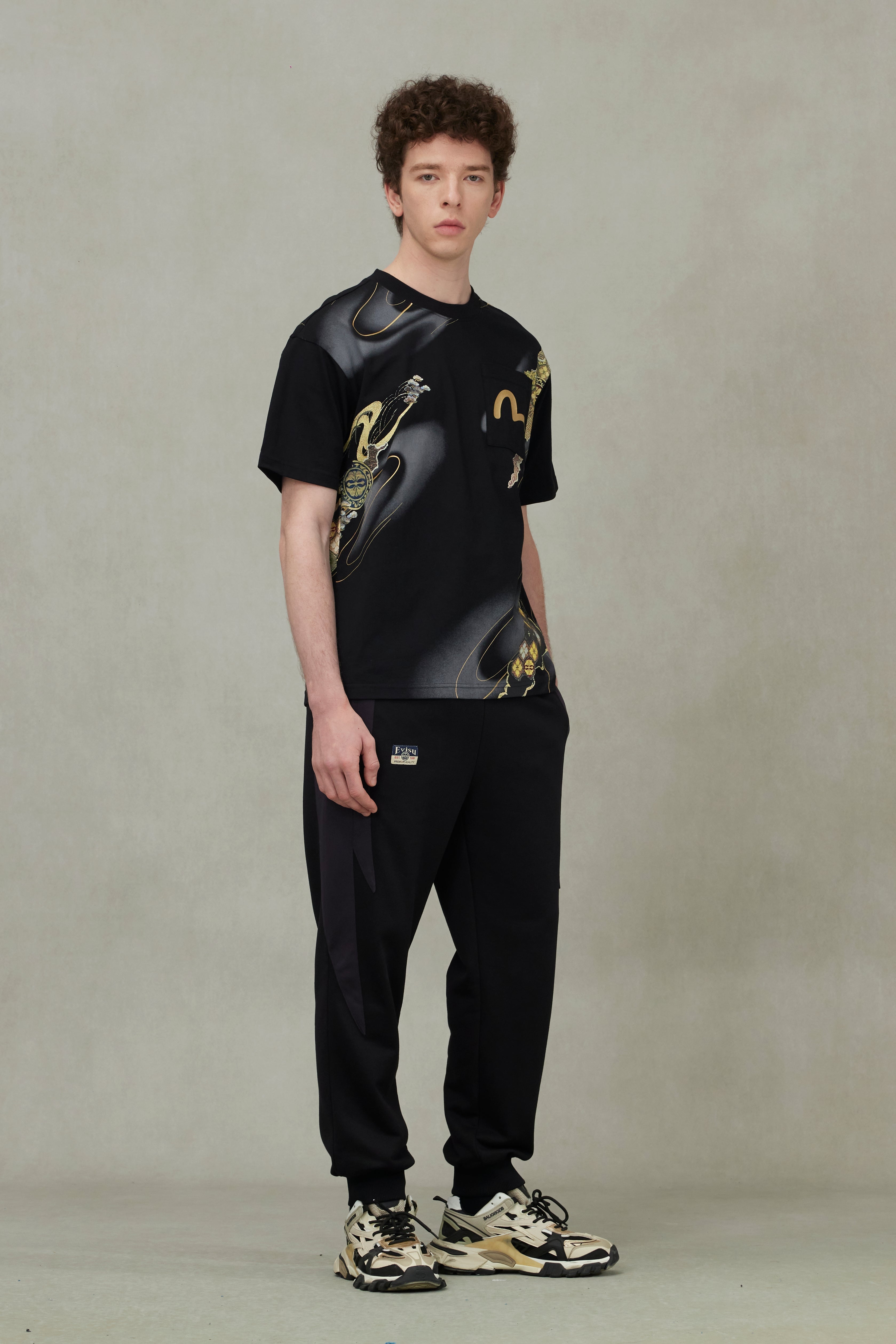Brocade Kamon and Allover Print Relax Fit T-Shirt