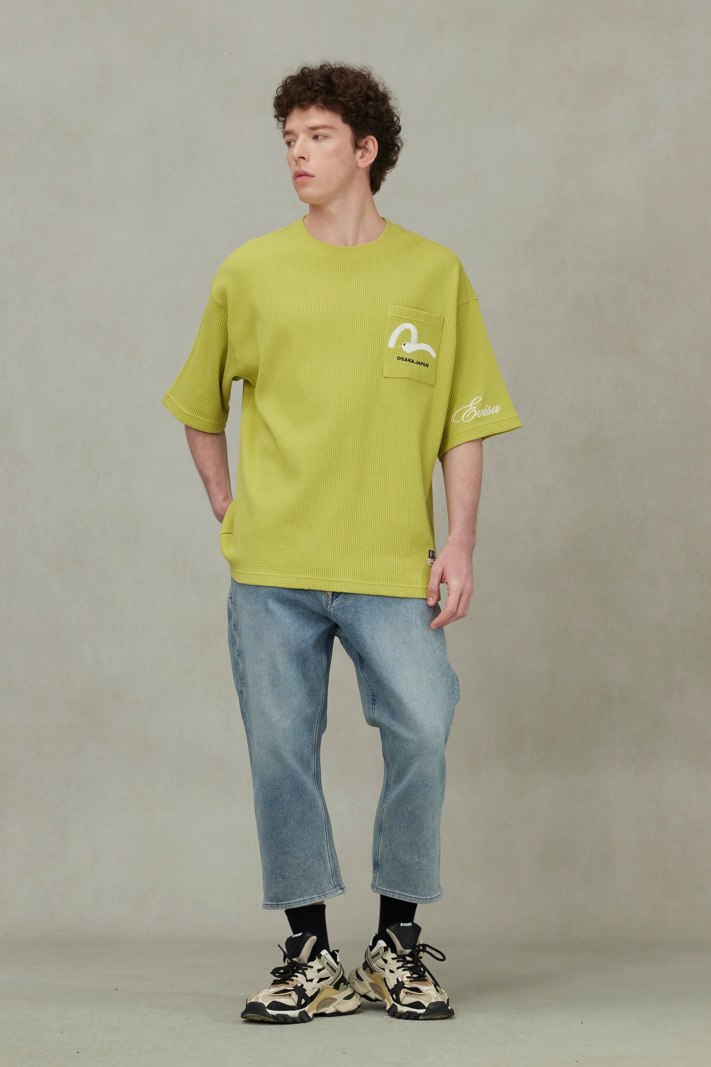 Seagull and Logo Embroidery Oversized Short-Sleeve Waffle Sweatshirt