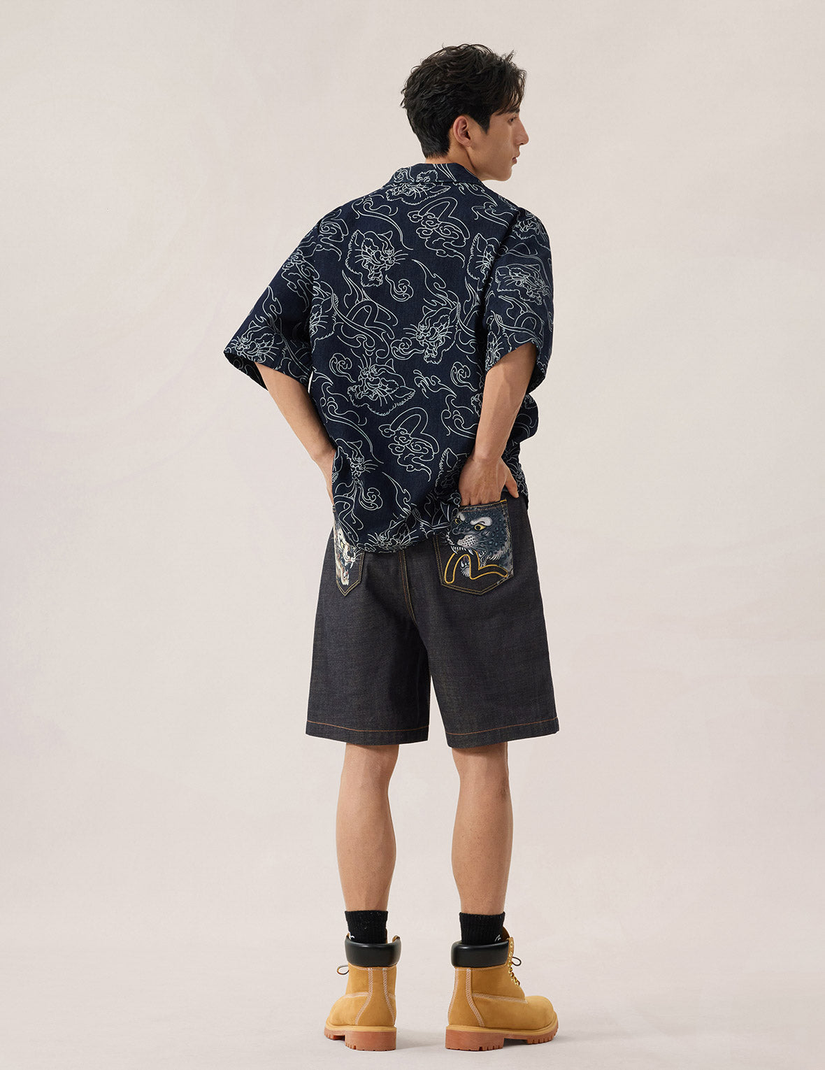 Allover Leopard and Cloud Print Denim Shirt