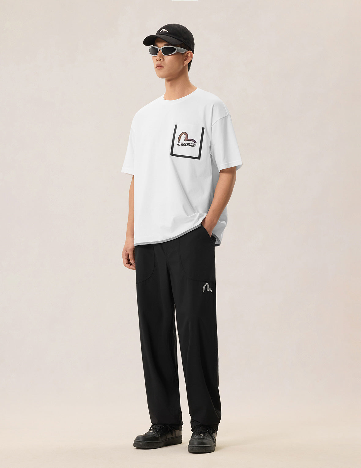 Elastic Hem Seagull Print Pocket T-shirt