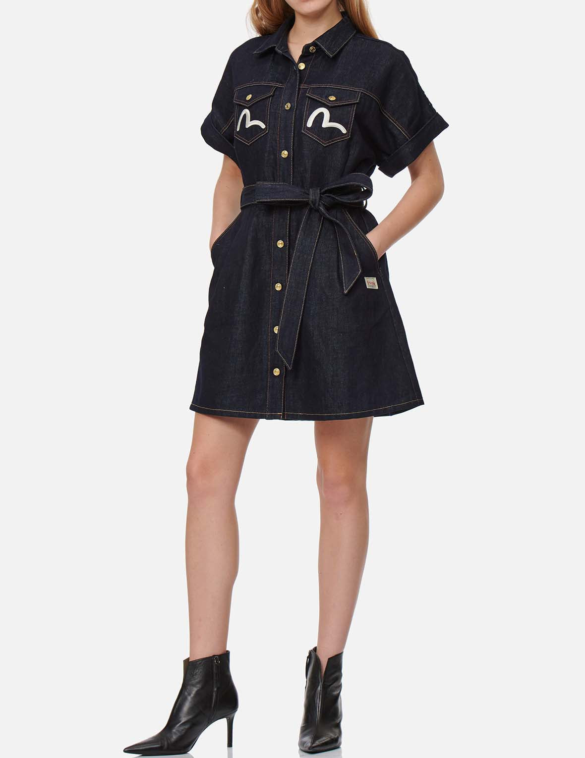 Logo and Floral Embroidery Denim Dress