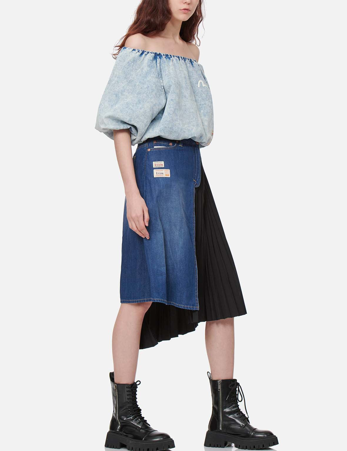 Reconstructed Denim Pleated Skirt