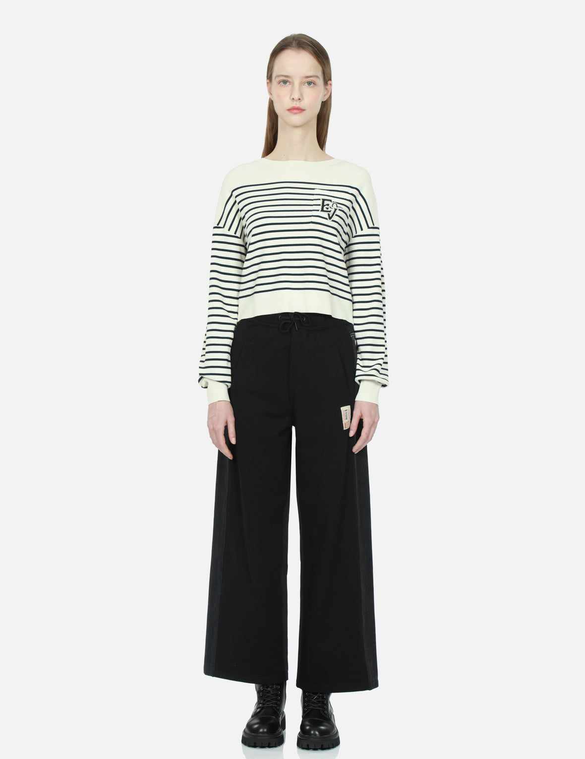 Denim and Terry Reconstructed Wide-Leg Jeans