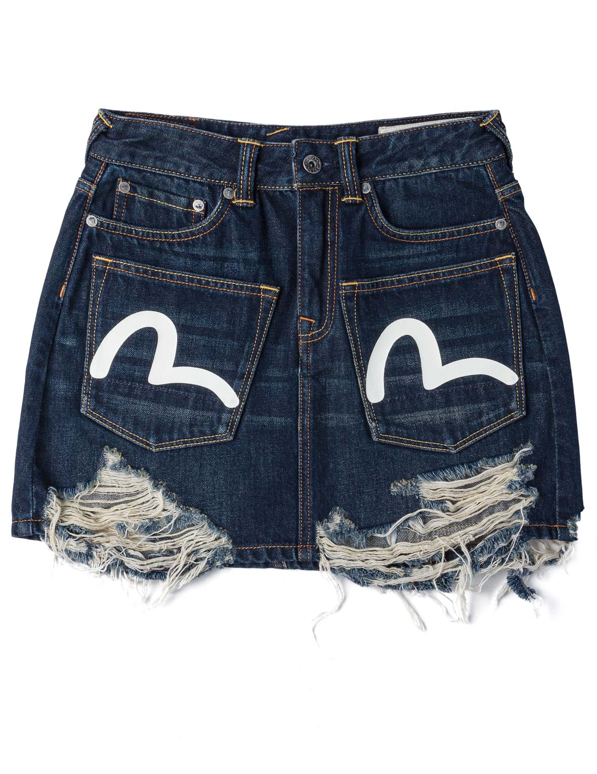 Seagull Print Multi-Pocket Denim Skirt