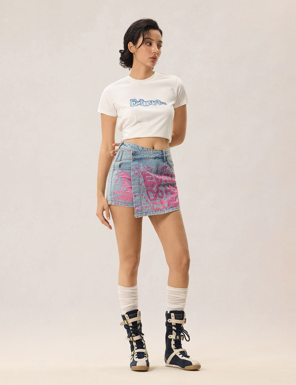 Color Burn-out Wordmark Denim Skort