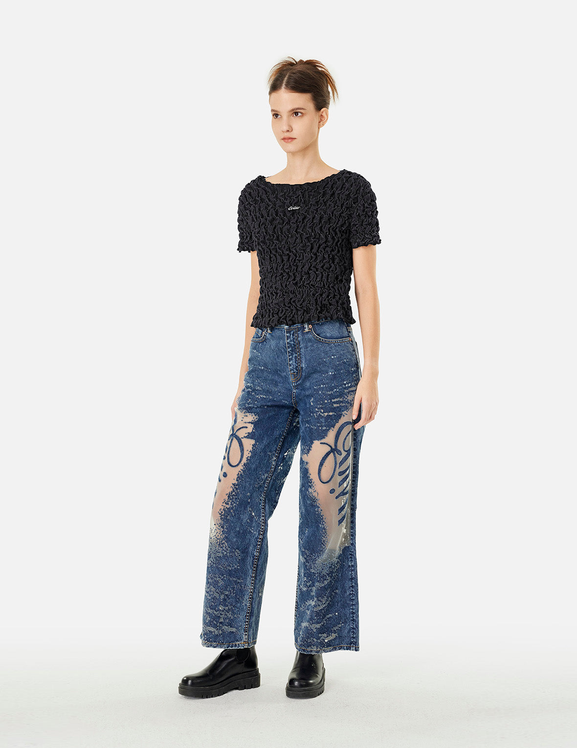 Logo Metal Trim Cropped Textured Denim Top