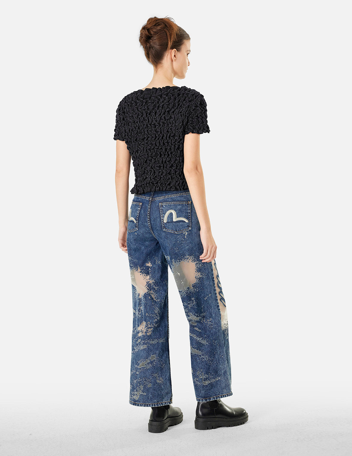 Logo Metal Trim Cropped Textured Denim Top