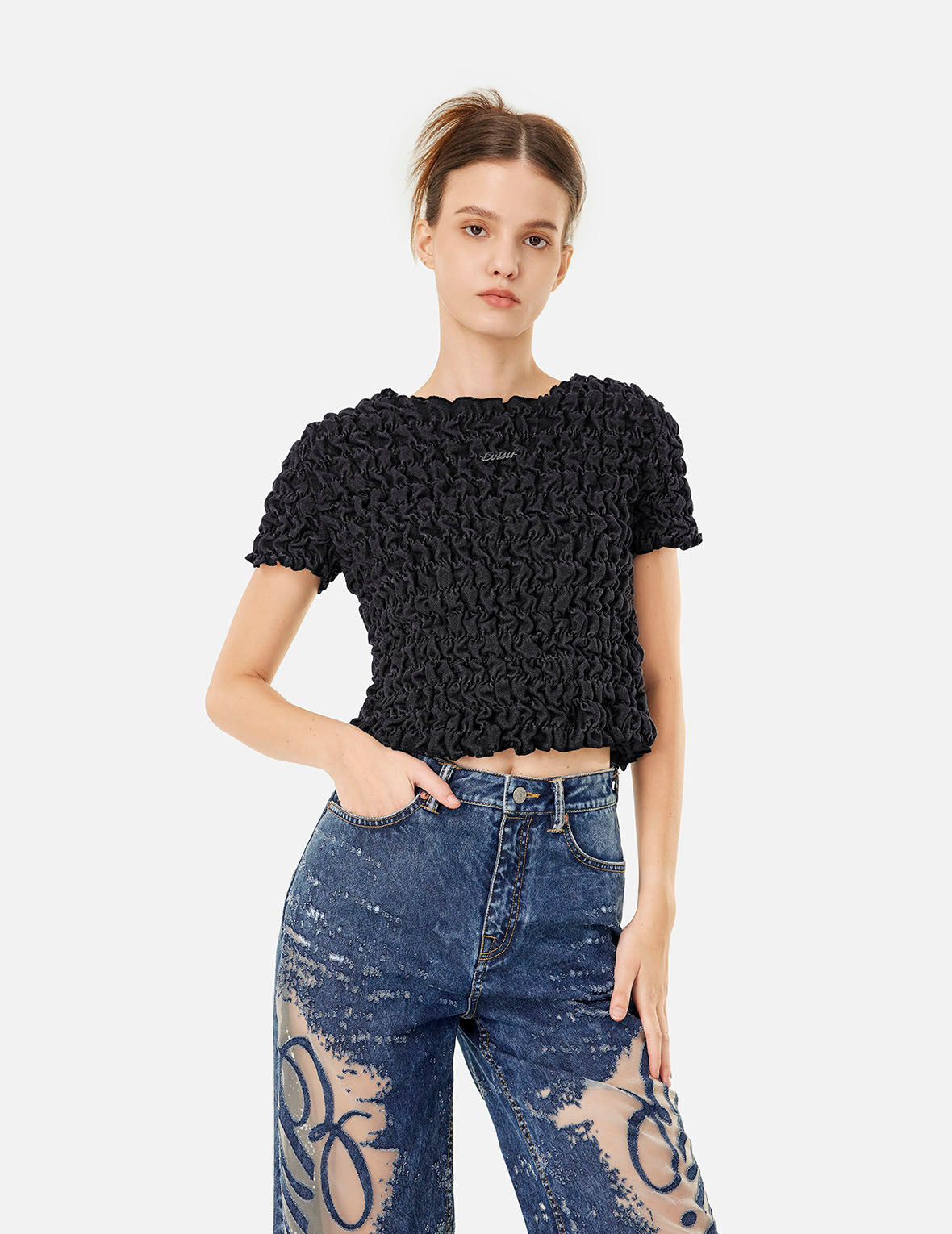 Logo Metal Trim Cropped Textured Denim Top
