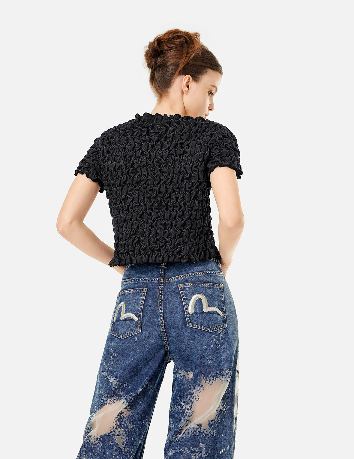 Logo Metal Trim Cropped Textured Denim Top