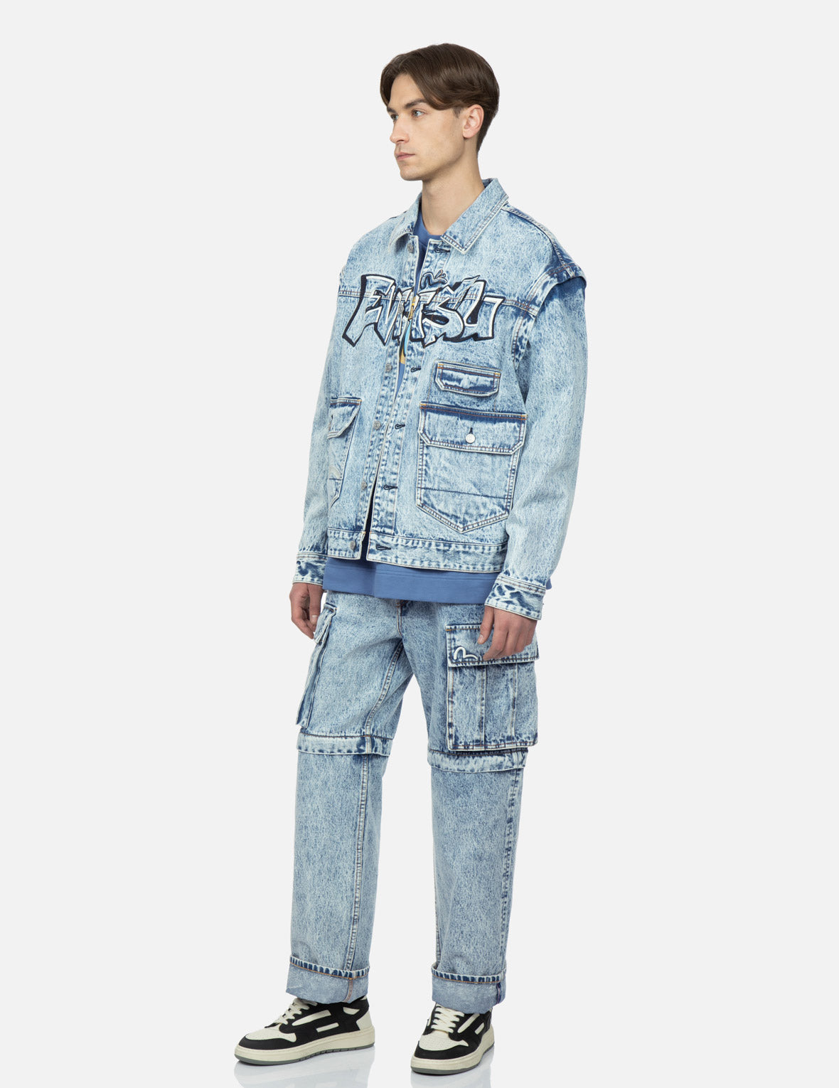 Graffiti Logo Embroidery Denim Jacket with Detachable Sleeves