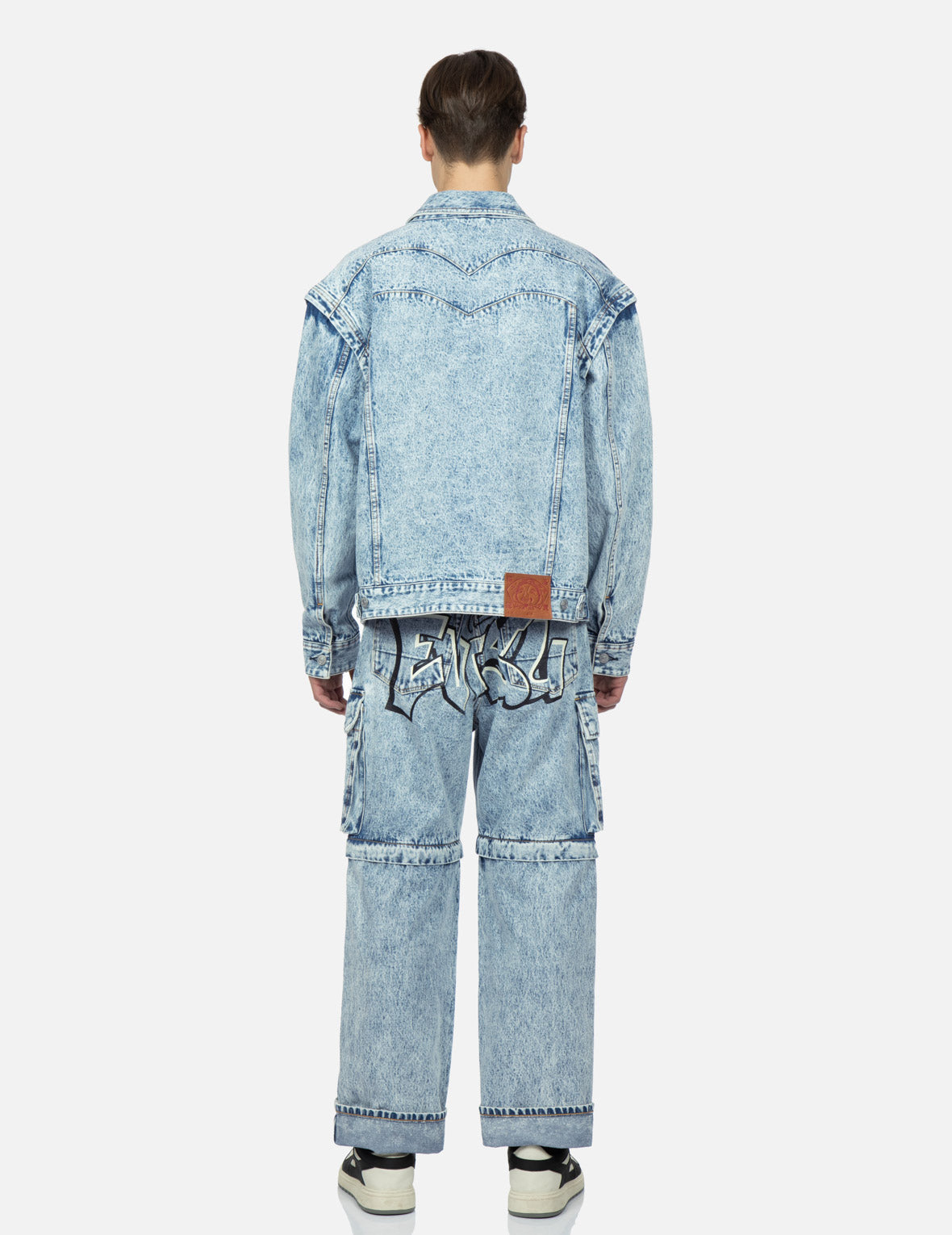 Graffiti Logo Embroidery Denim Jacket with Detachable Sleeves