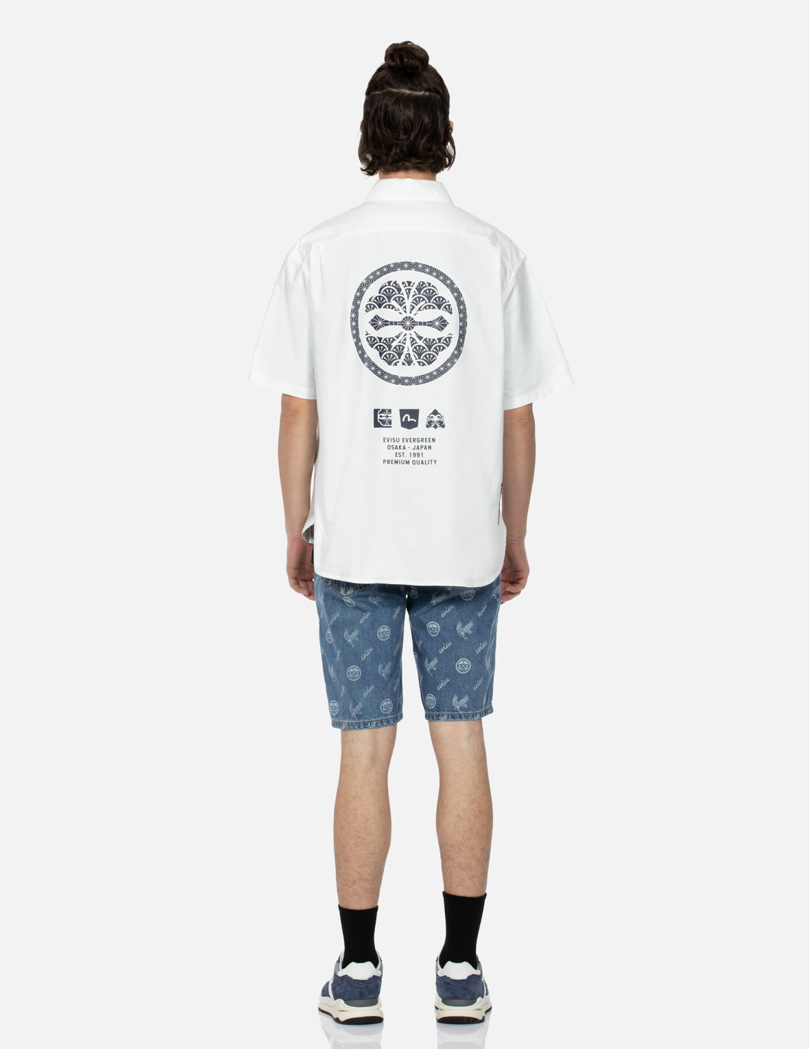 Allover Kamon and Eagle Print Denim Shorts