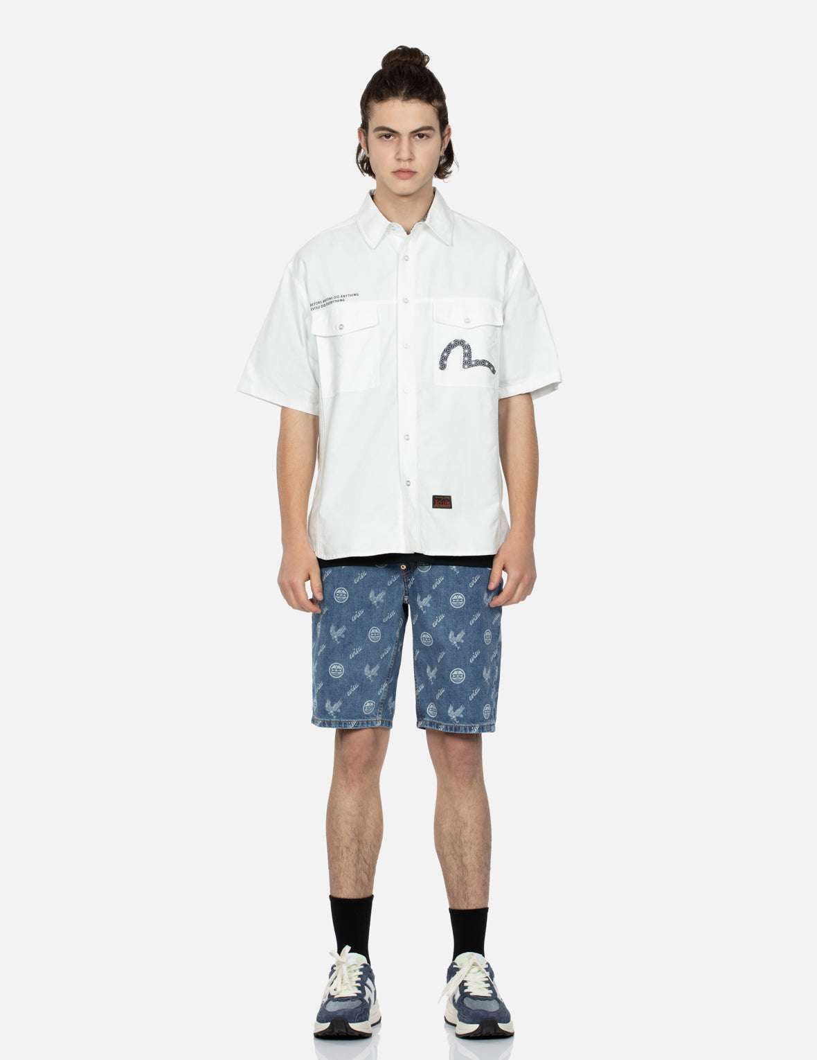 Allover Kamon and Eagle Print Denim Shorts