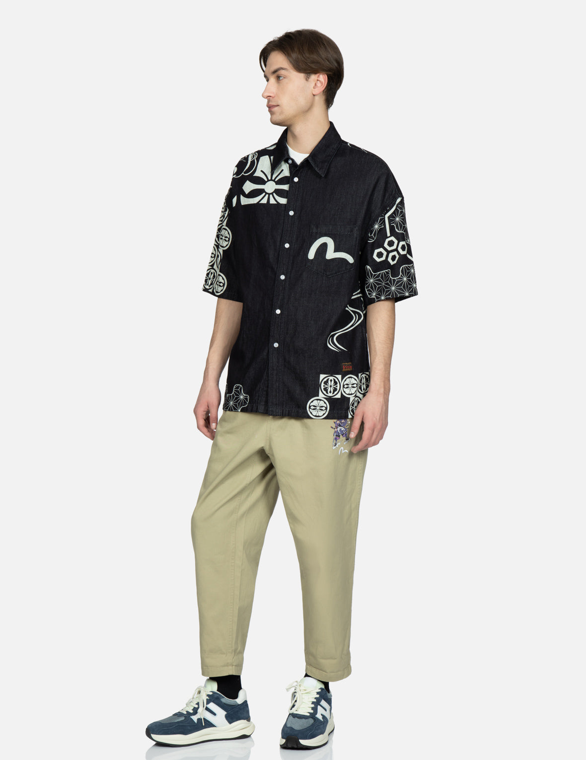 Kamon and Seagull Print Denim Shirt