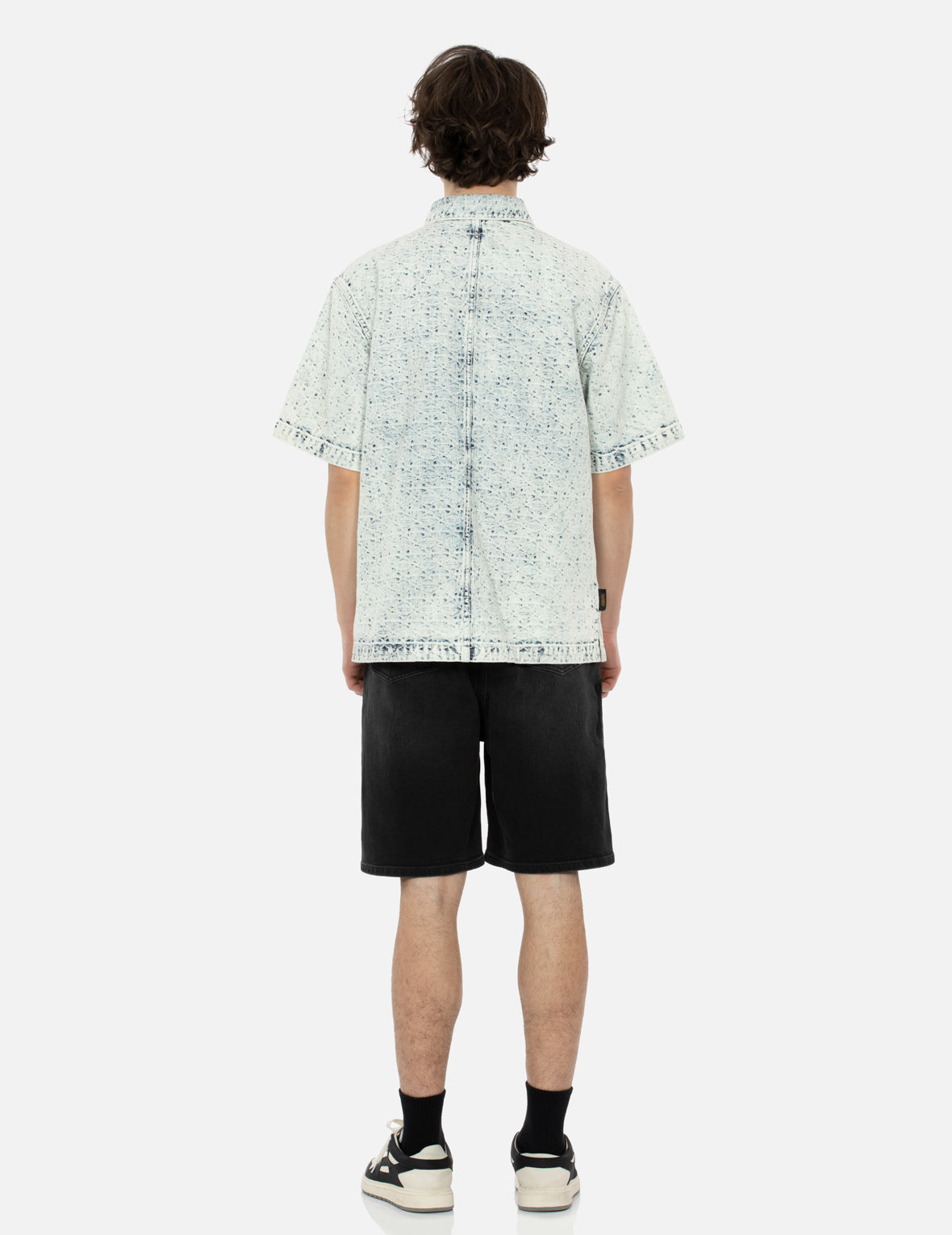 Washed Allover Kamon Jacquard and Seagull Embroidery Boxy Denim Shirt