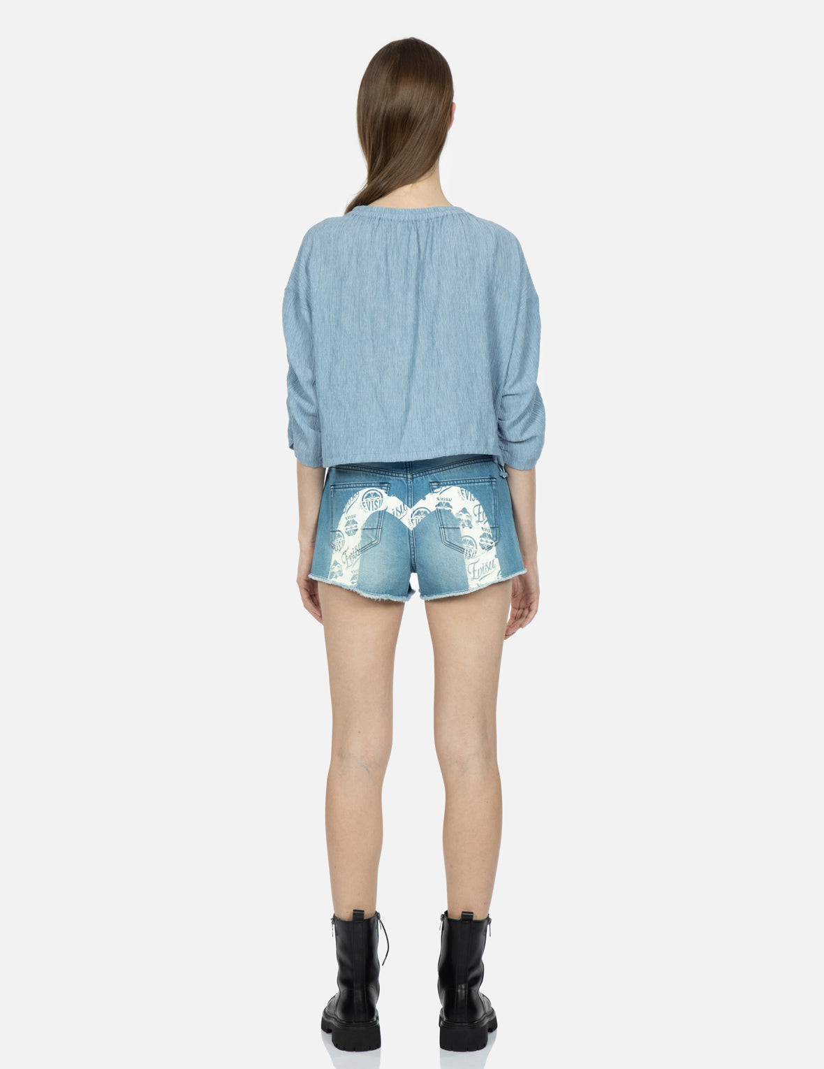 Kamon and Godhead-pattern Daicock Print Denim Shorts