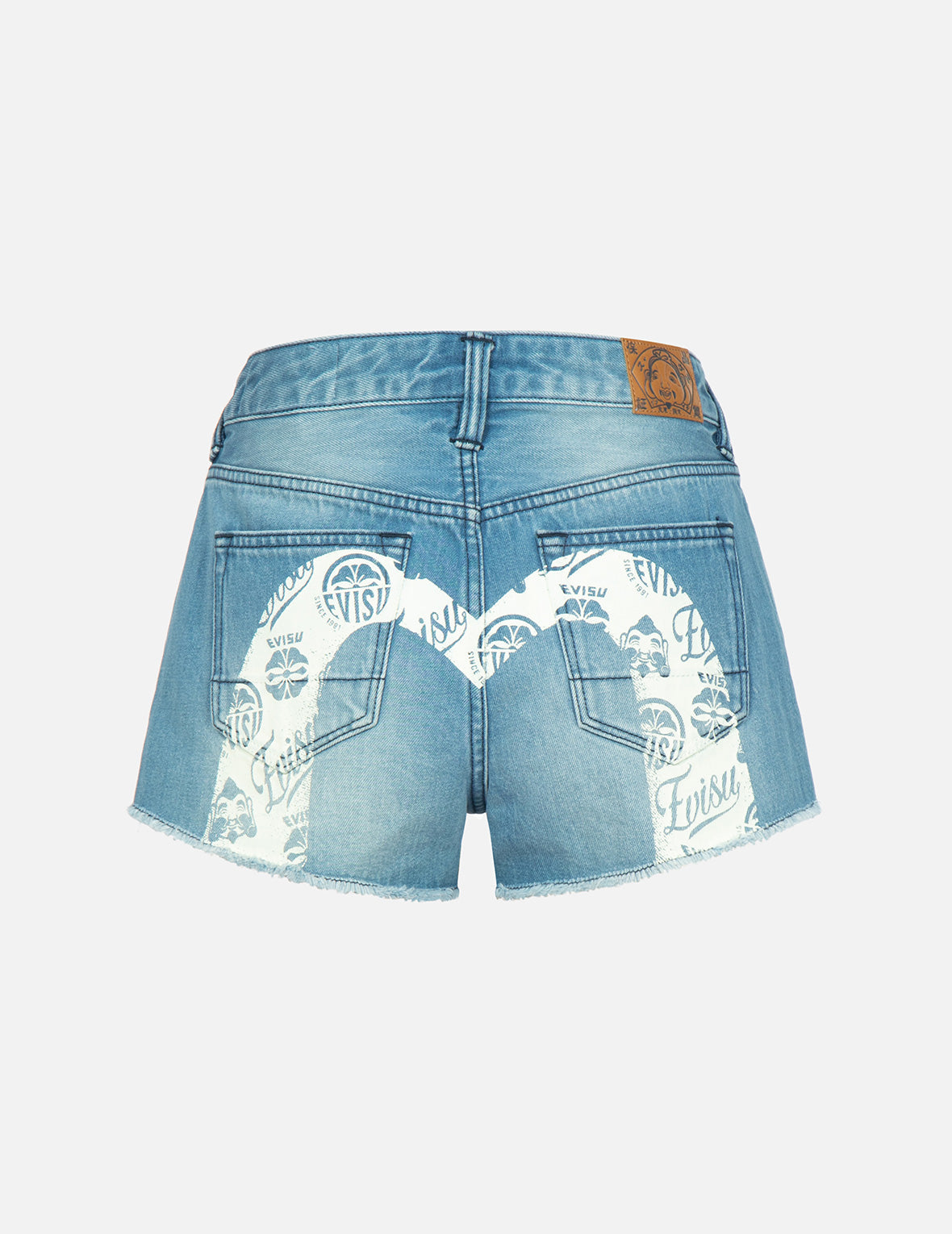 Kamon and Godhead-pattern Daicock Print Denim Shorts