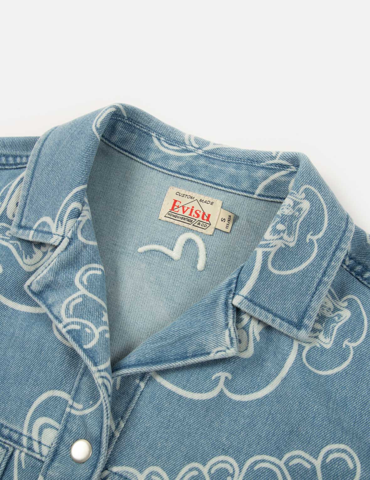Allover Graffiti Daruma and Logo Discharged-Print Denim Shirt