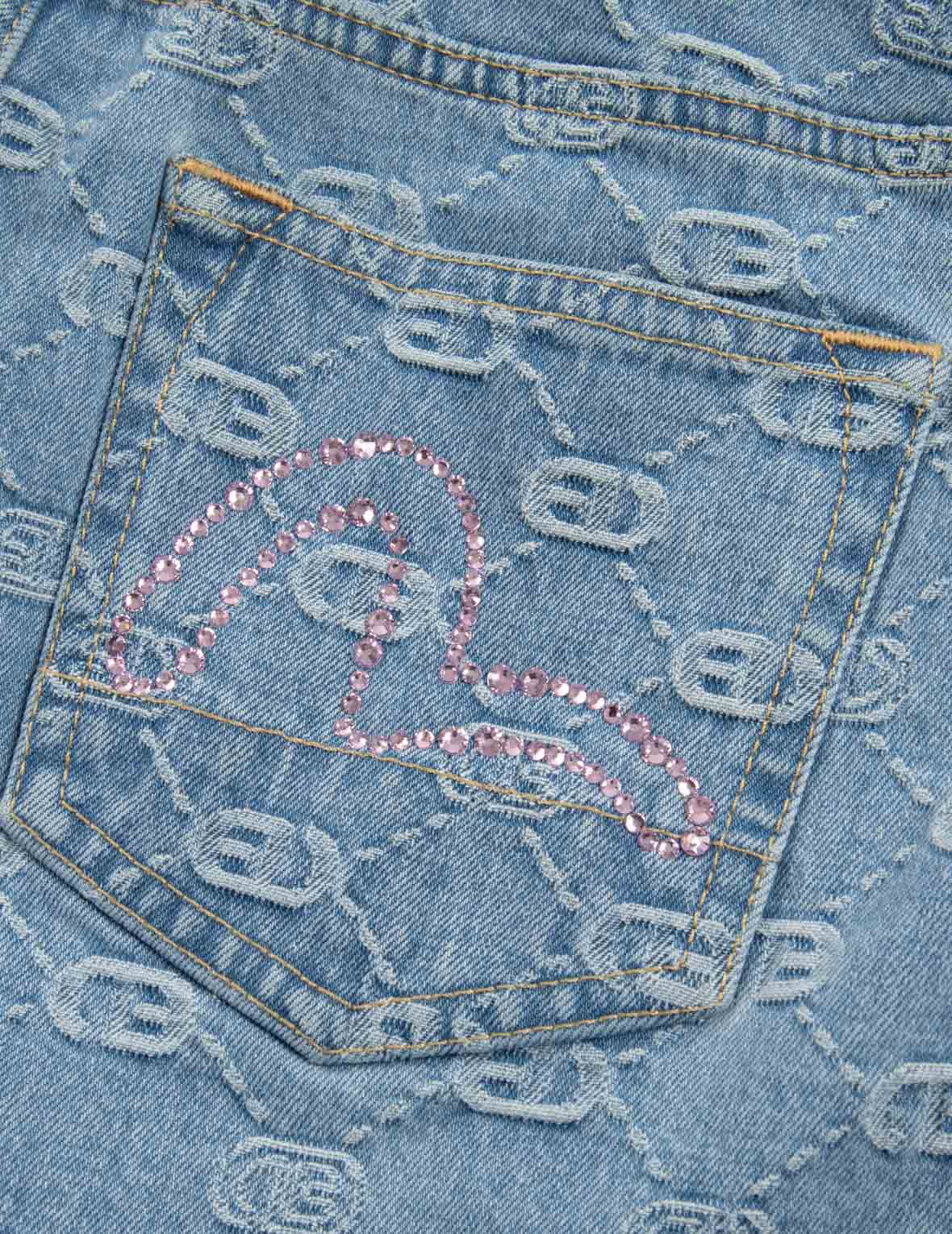 Allover Logo with Pink Diamond-Ironing Seagull Loose Fit Denim Shorts