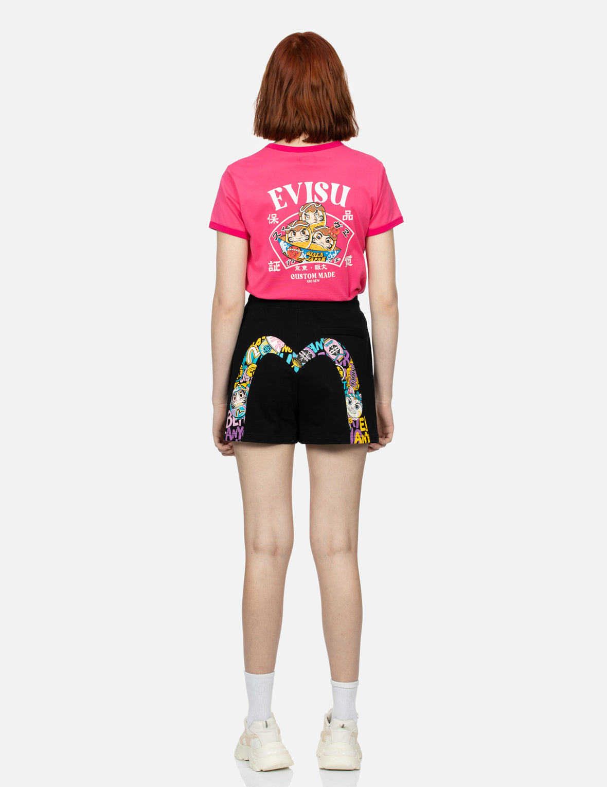 Color-blocking Daruma and Fortune Cat Daicock Print Loose Fit Sweat Shorts