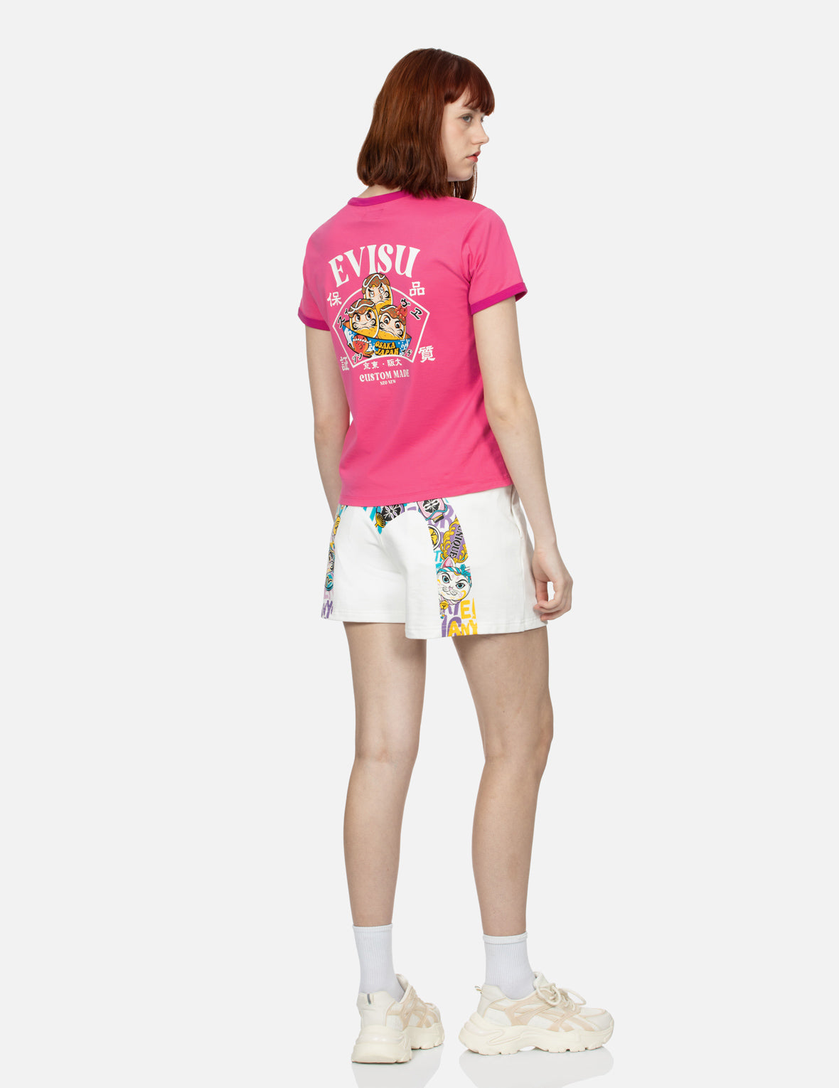 Color-blocking Daruma and Fortune Cat Daicock Print Loose Fit Sweat Shorts