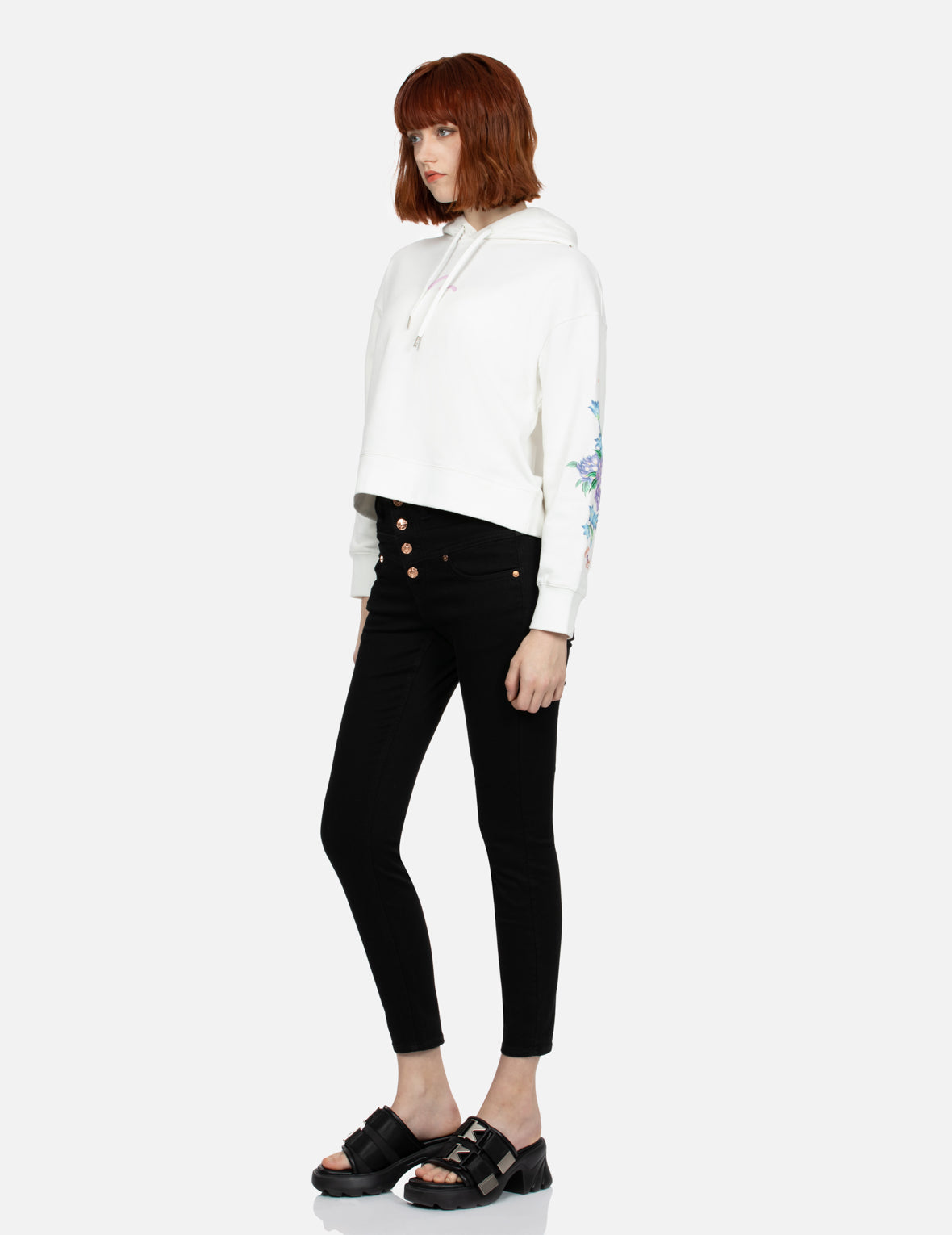 3D Seagull Print and Floral Embroidery Cropped Hoodie