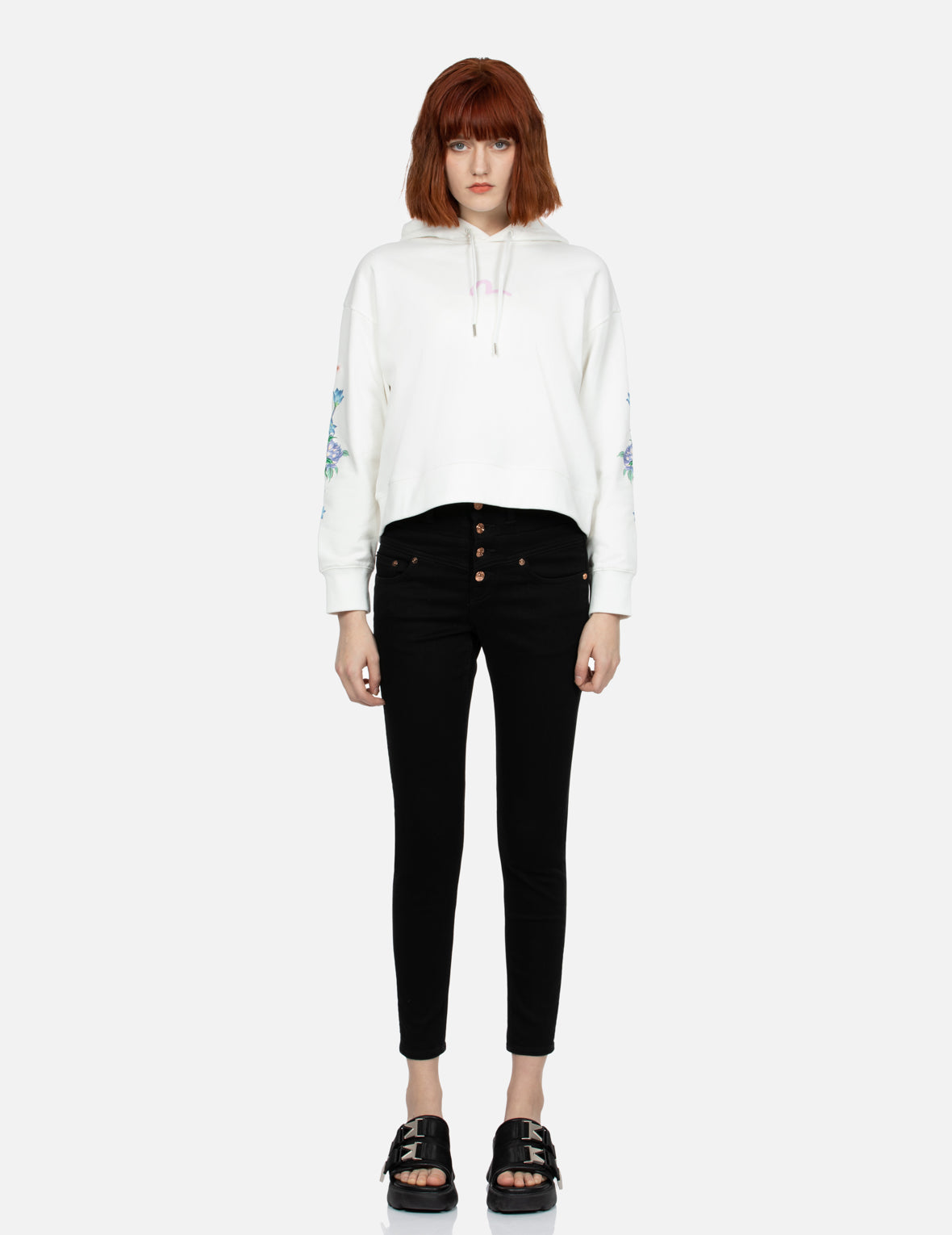 3D Seagull Print and Floral Embroidery Cropped Hoodie